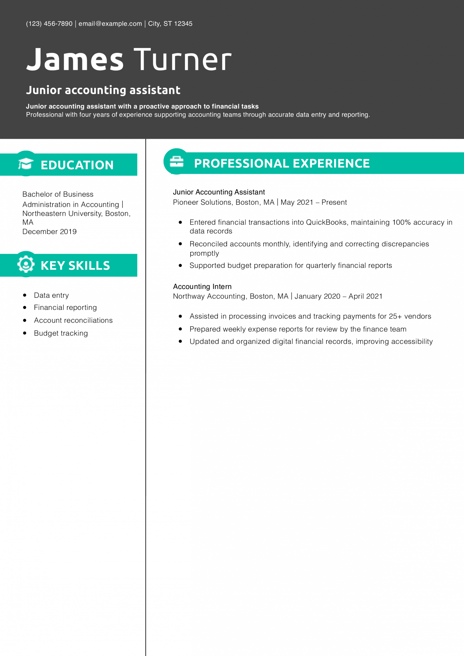 Junior accounting assistant resume example