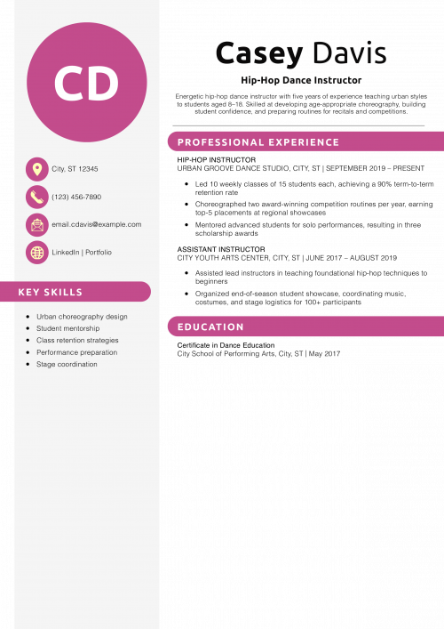 Hip-Hop Dance Instructor Resume Example