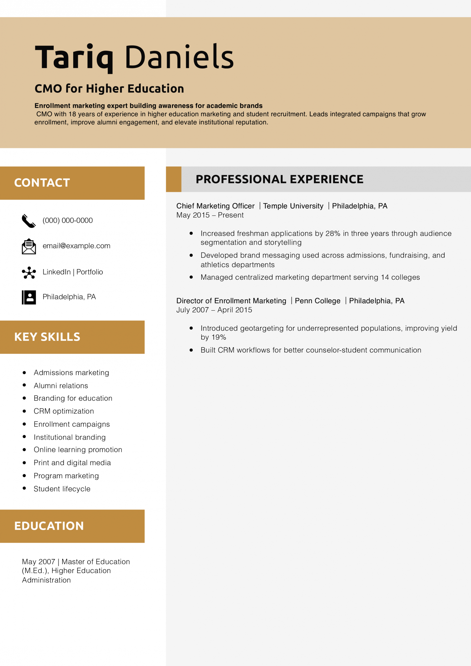CMO for Higher Education Resume
