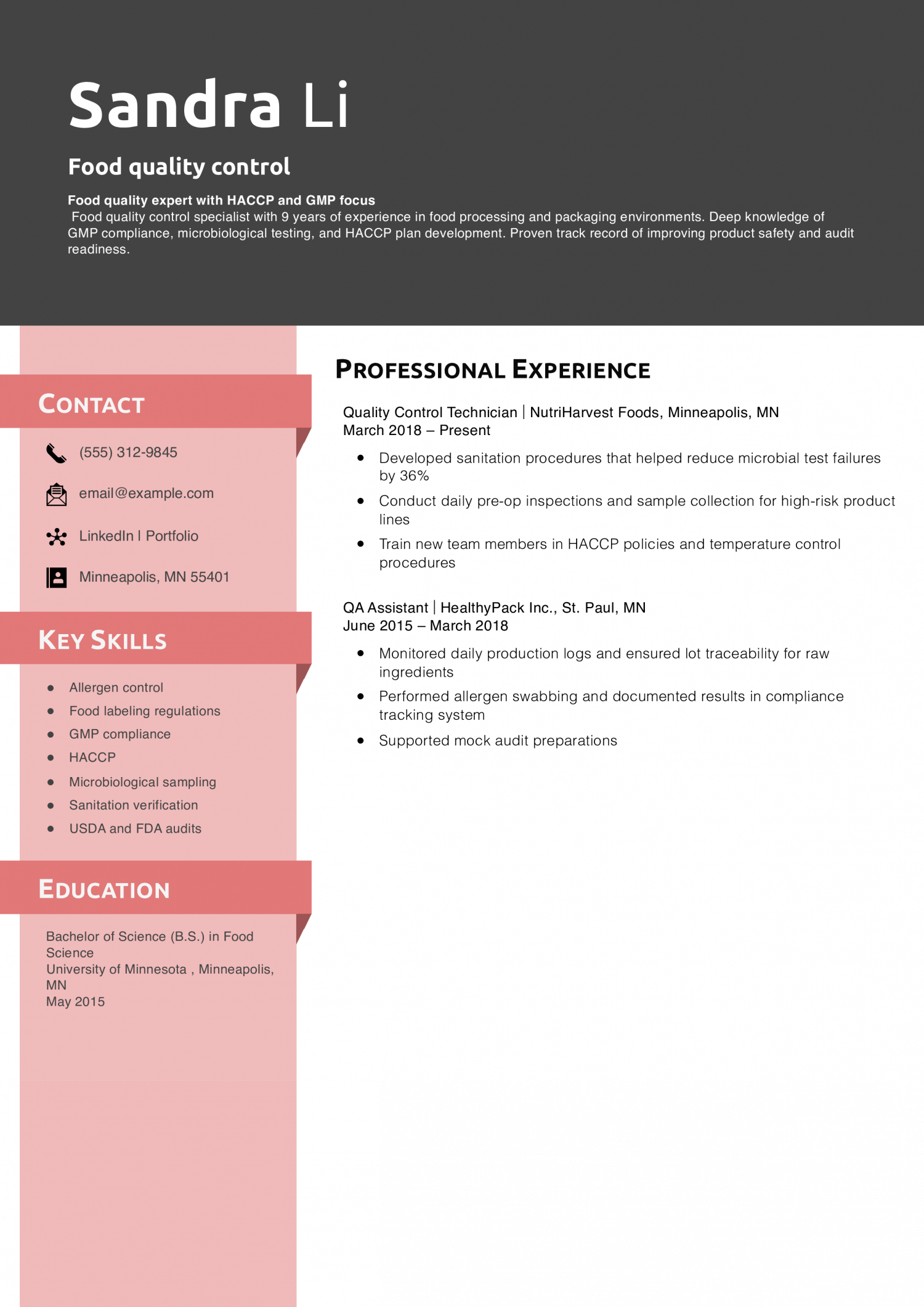 Food quality control resume
