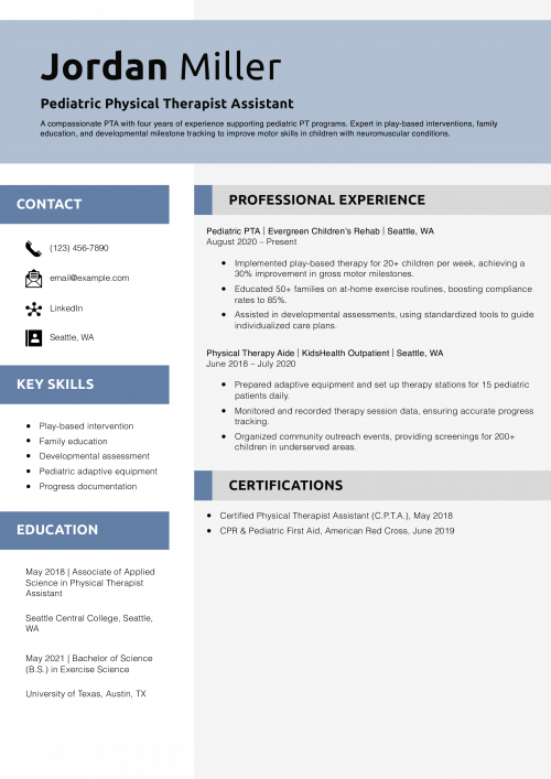 Pediatric Physical Therapist Assistant Resume Example
