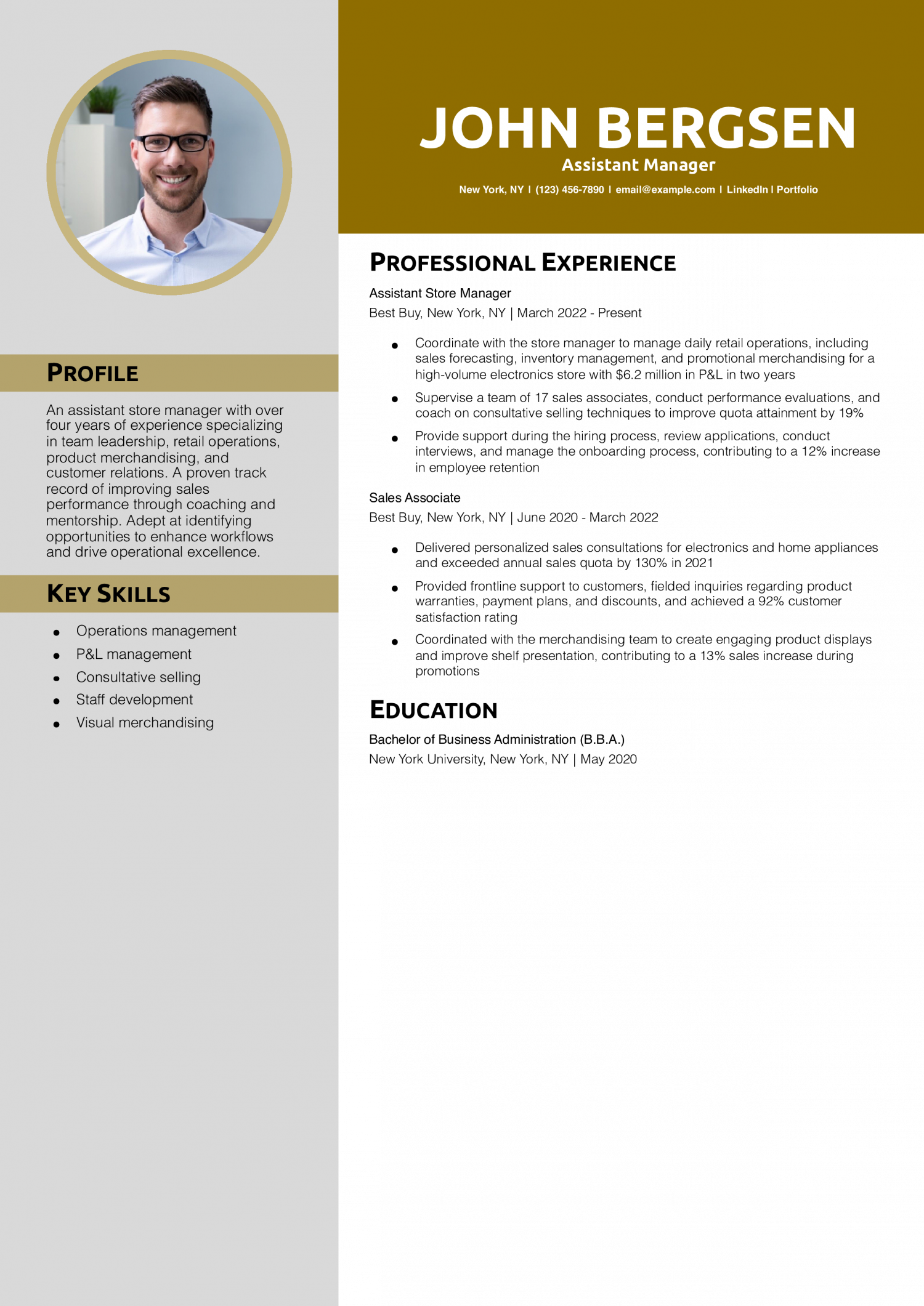 Assistant Manager Resume Example