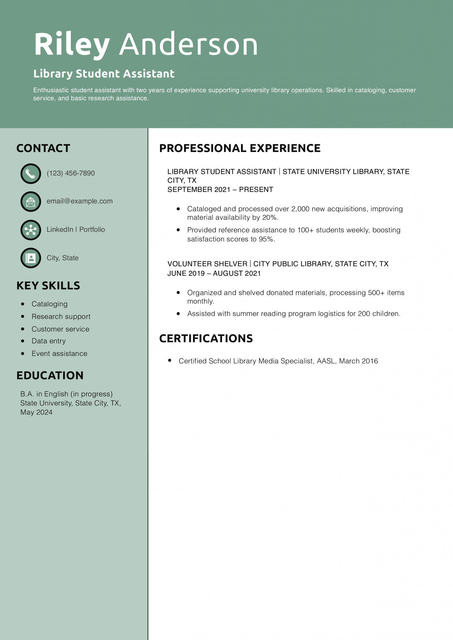 Library Student Assistant Resume Example