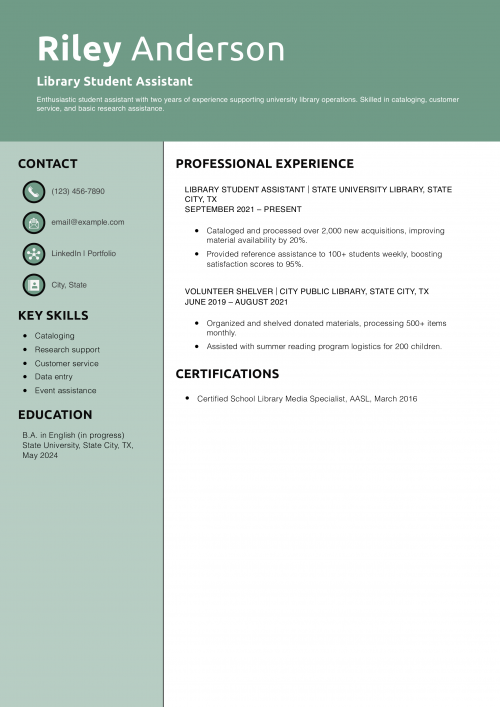 Library Student Assistant Resume Example