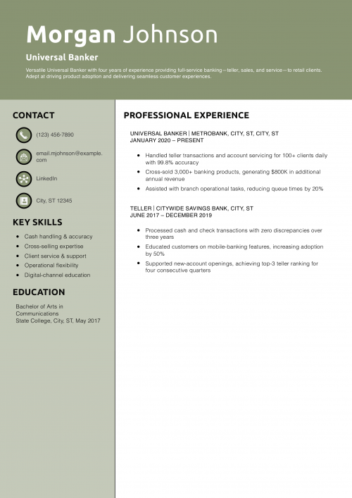 Universal Banker Resume Example