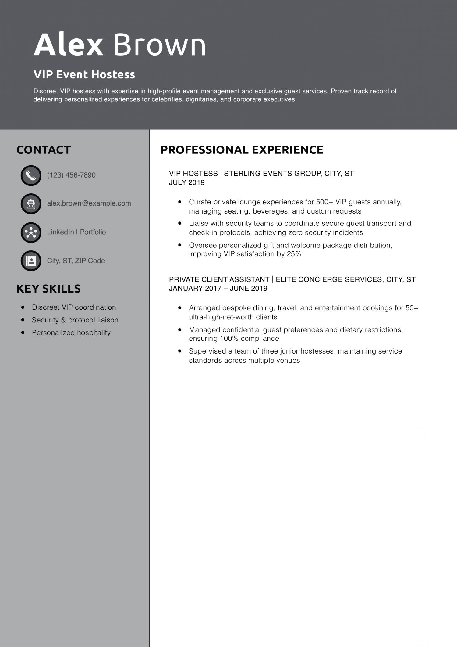 VIP Event Hostess Resume Example