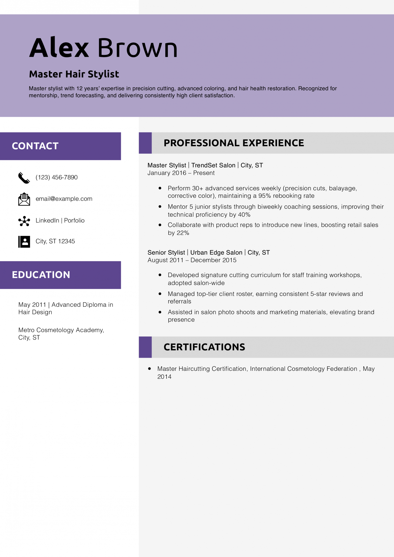 Master Hair Stylist Resume Example