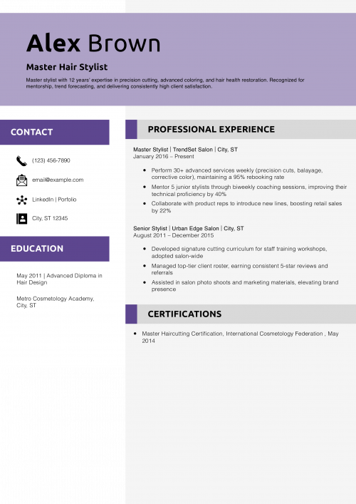 Master Hair Stylist Resume Example
