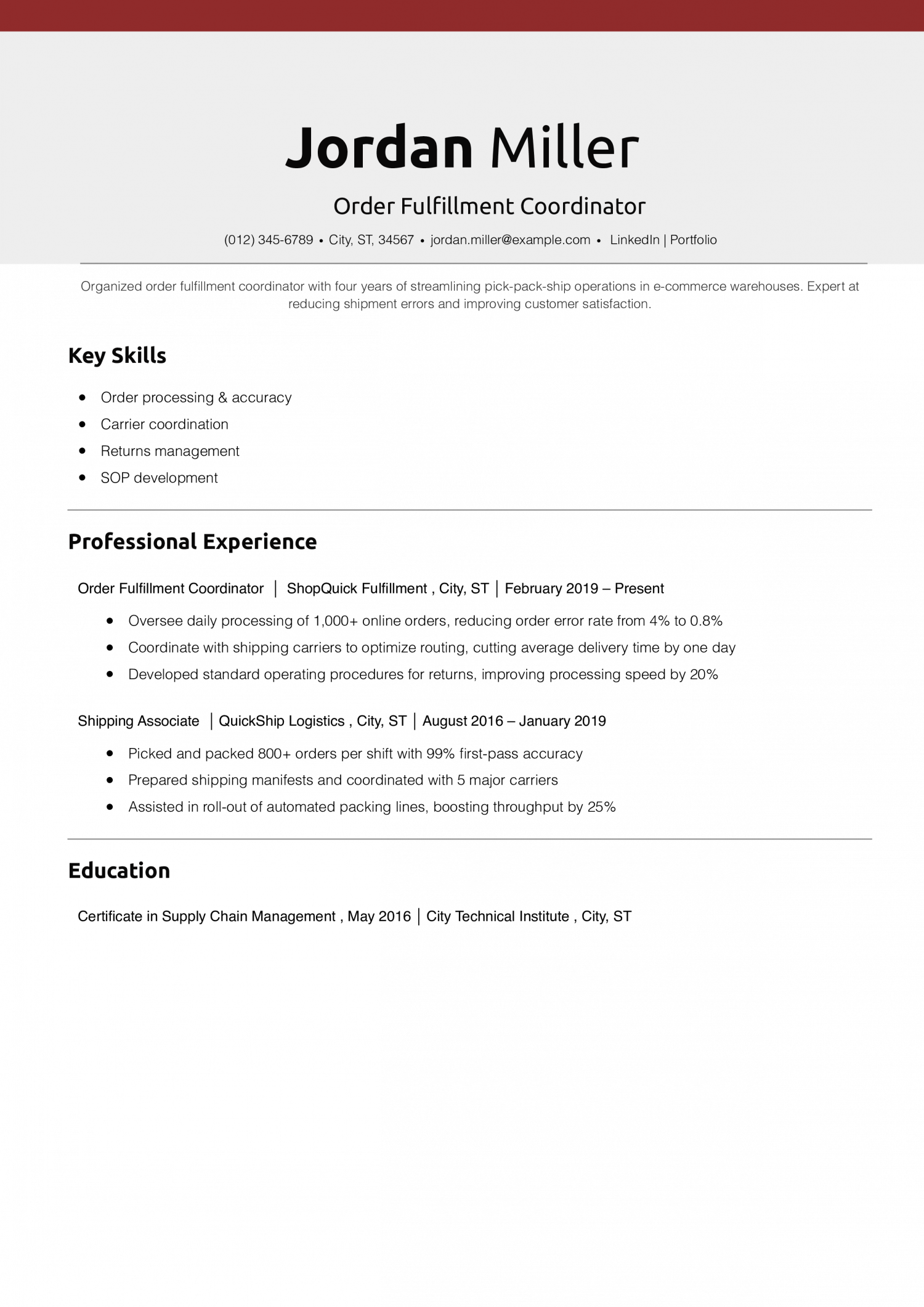 Order Fulfillment Coordinator Resume Example