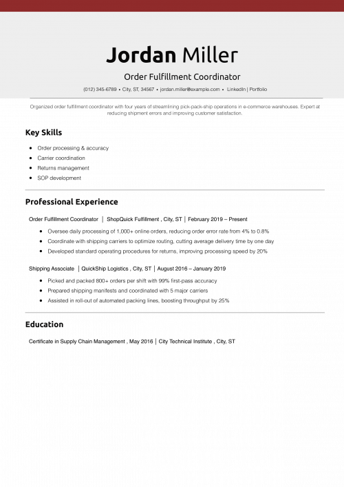 Order Fulfillment Coordinator Resume Example 