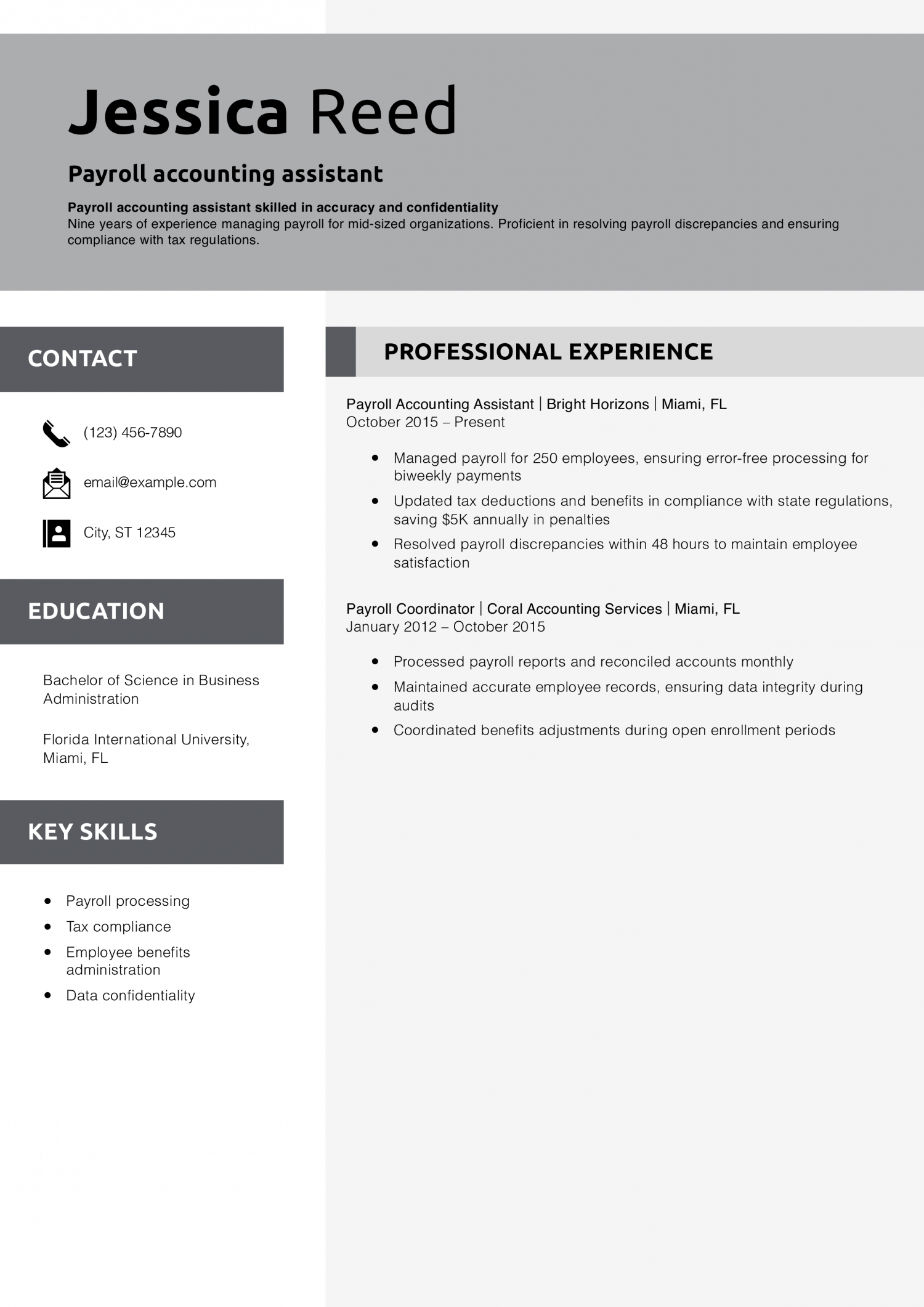 Payroll accounting assistant resume example