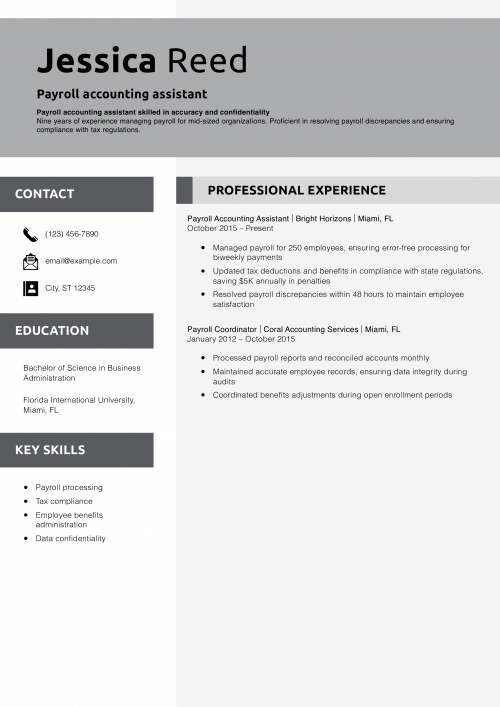 Payroll accounting assistant resume example