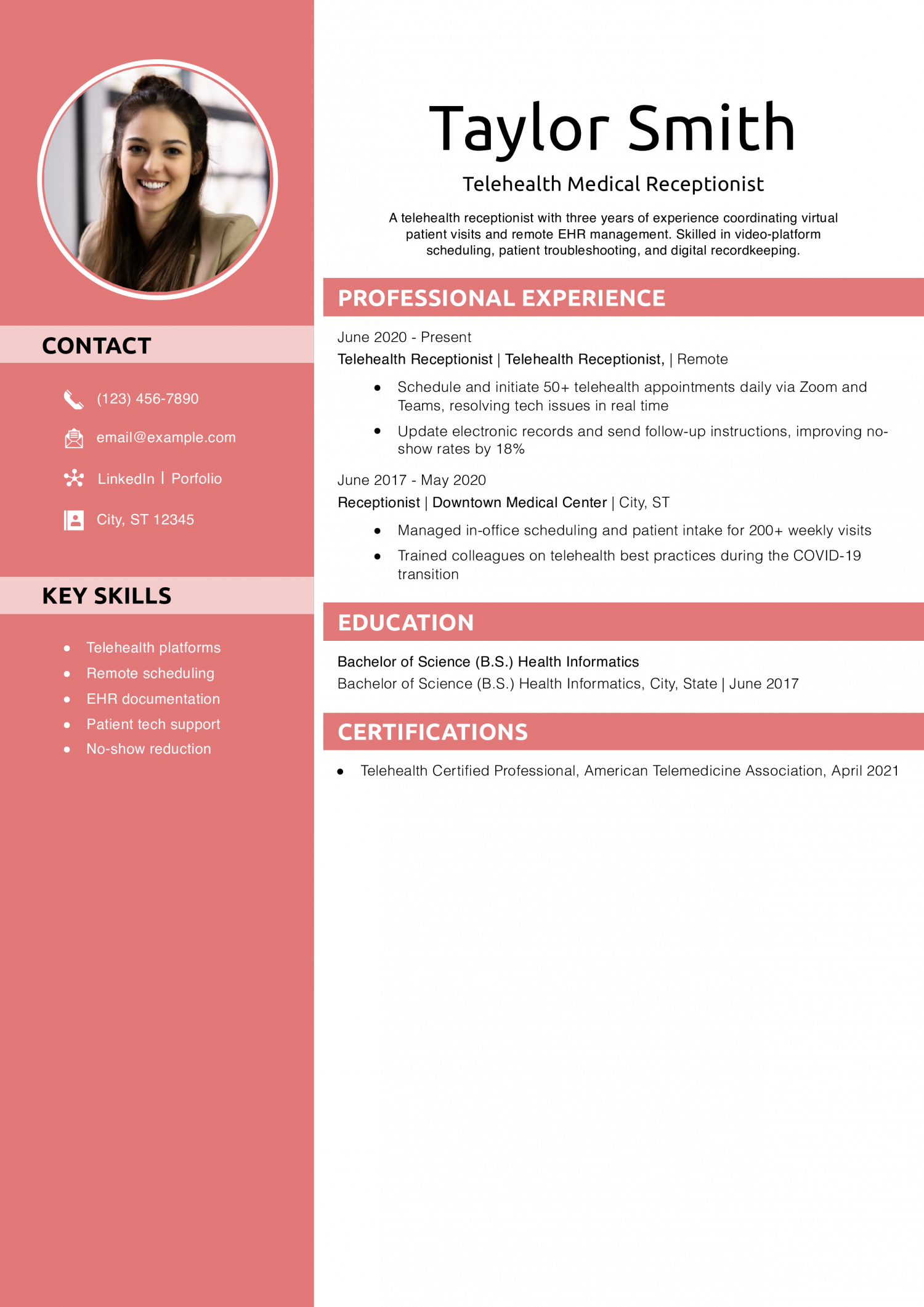 Telehealth Medical Receptionist Resume Example