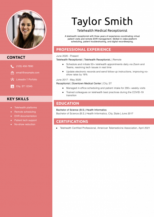 Telehealth Medical Receptionist Resume Example