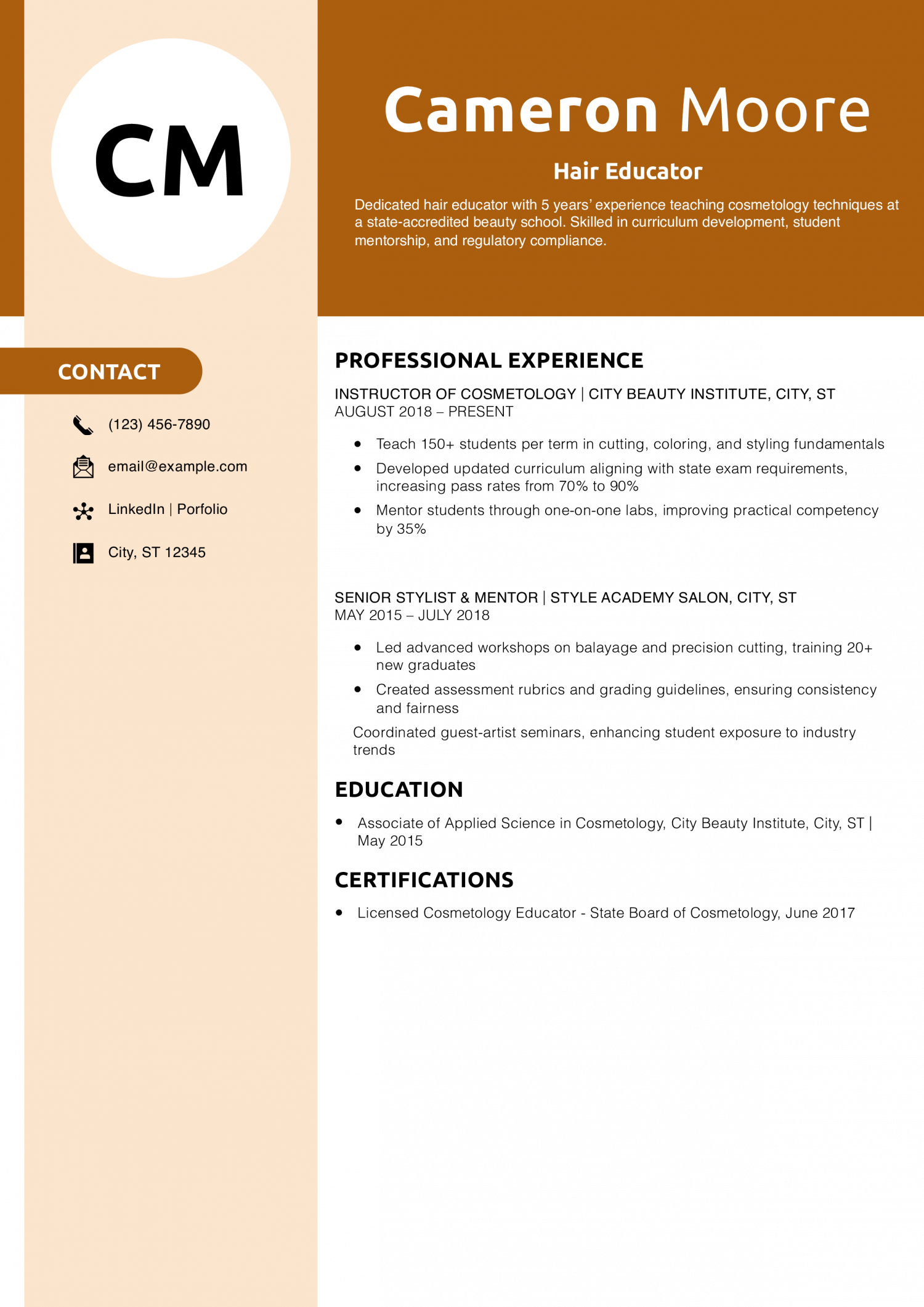 Hair Educator Resume Example
