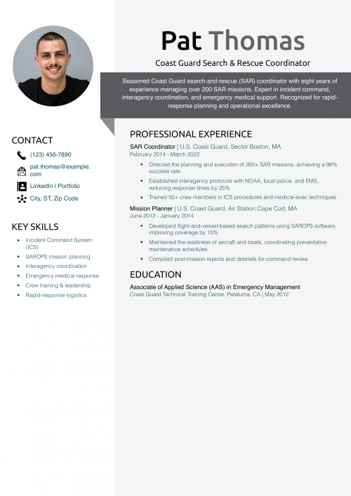Coast Guard Search & Rescue Coordinator Resume Example 