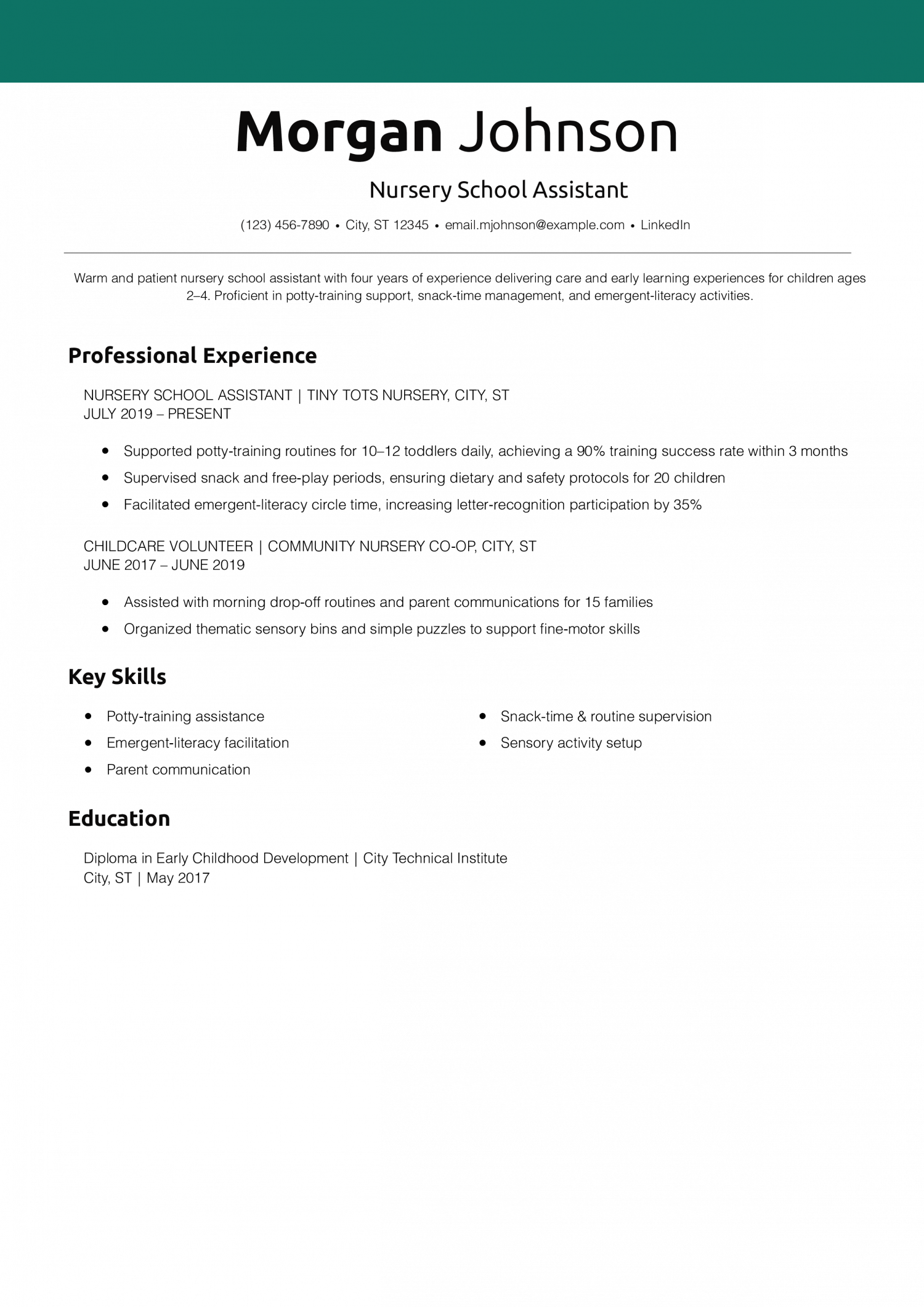 Nursery School Assistant Resume Example