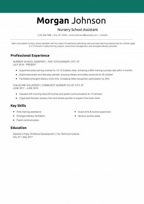 Nursery School Assistant Resume Example
