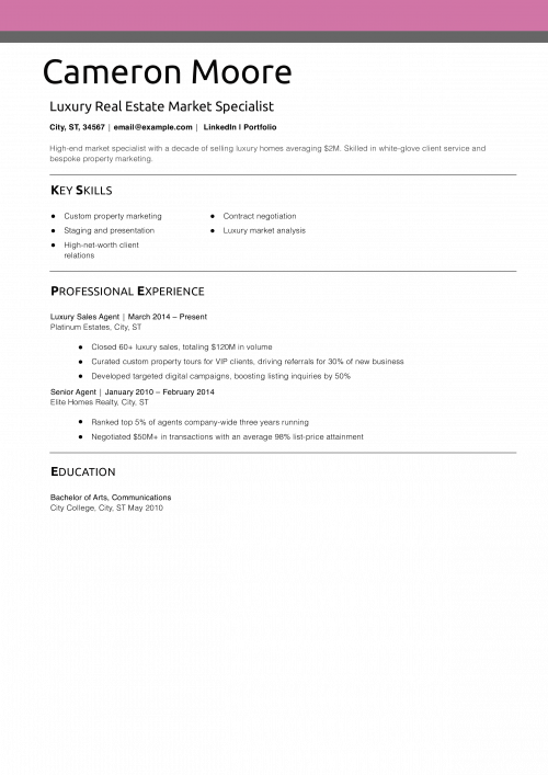Luxury Real Estate Market Specialist Resume Example