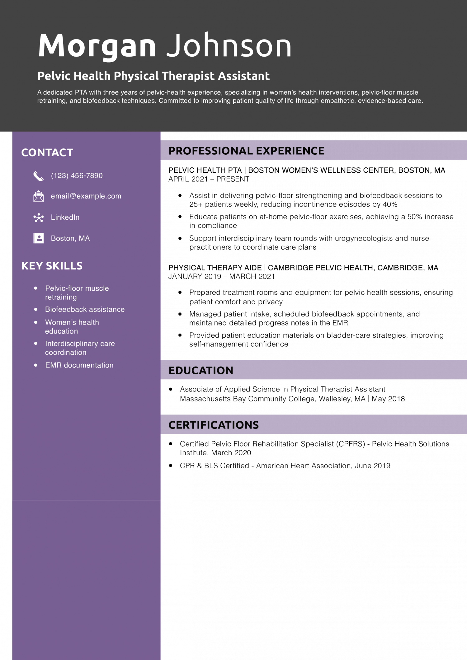 Pelvic Health Physical Therapist Assistant Resume Example