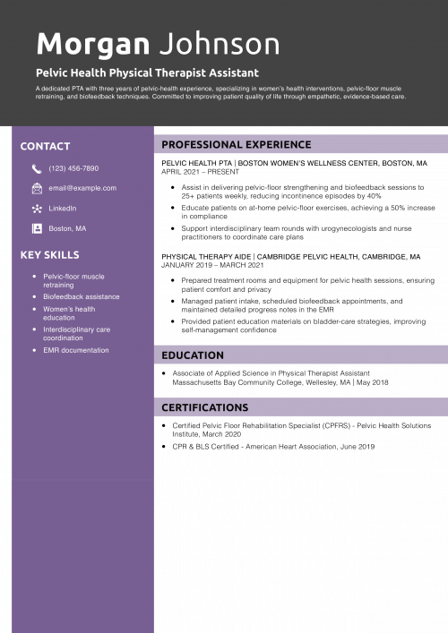 Pelvic Health Physical Therapist Assistant Resume Example