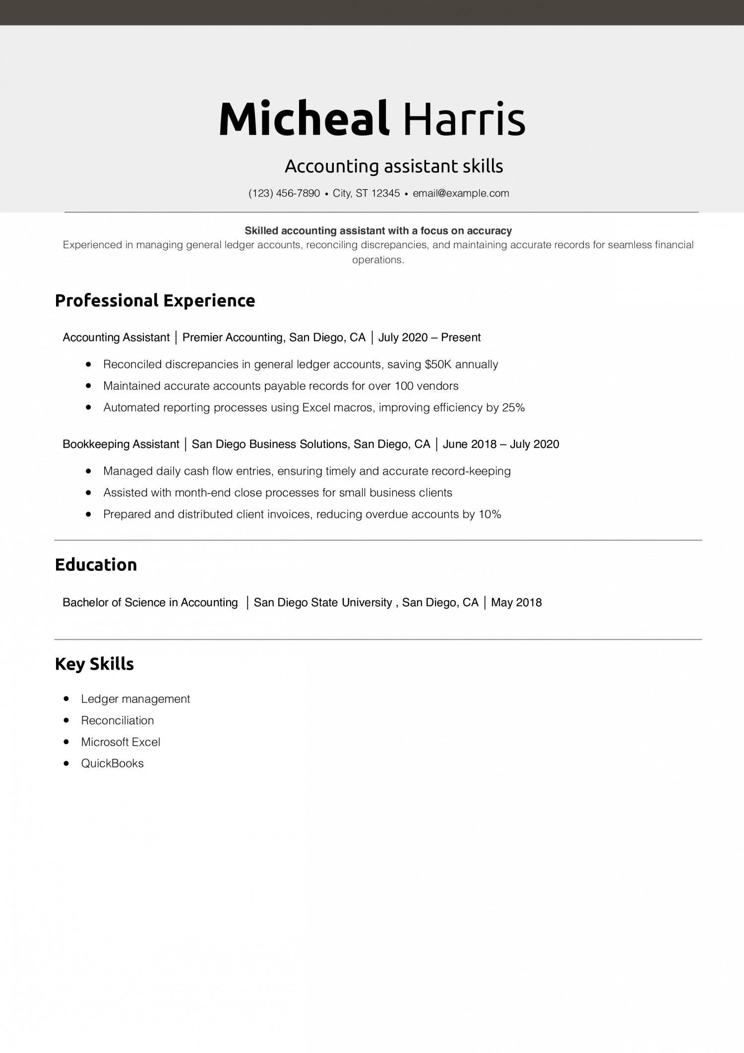 Accounting assistant skills resume example