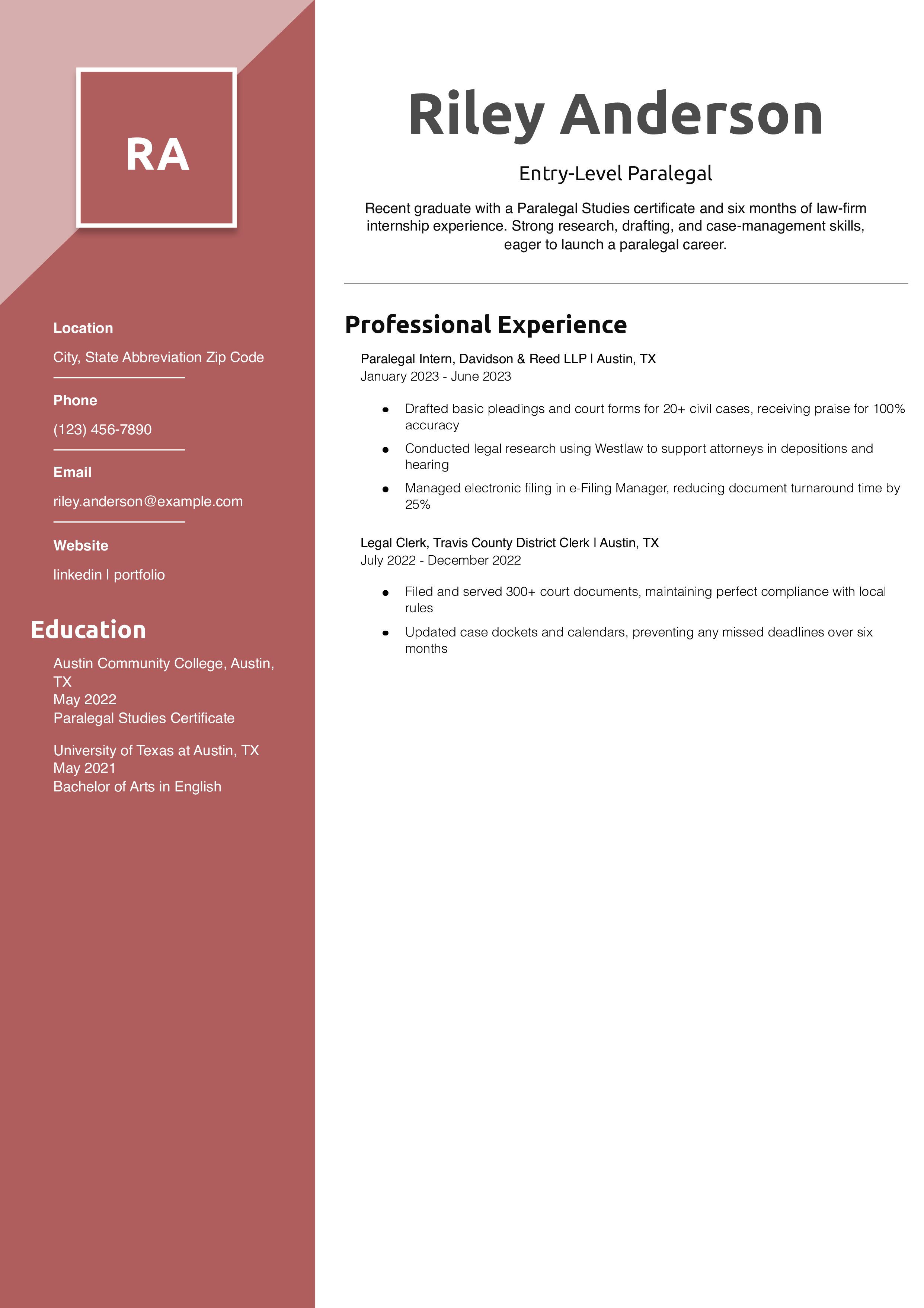 Entry-Level Paralegal Resume Example