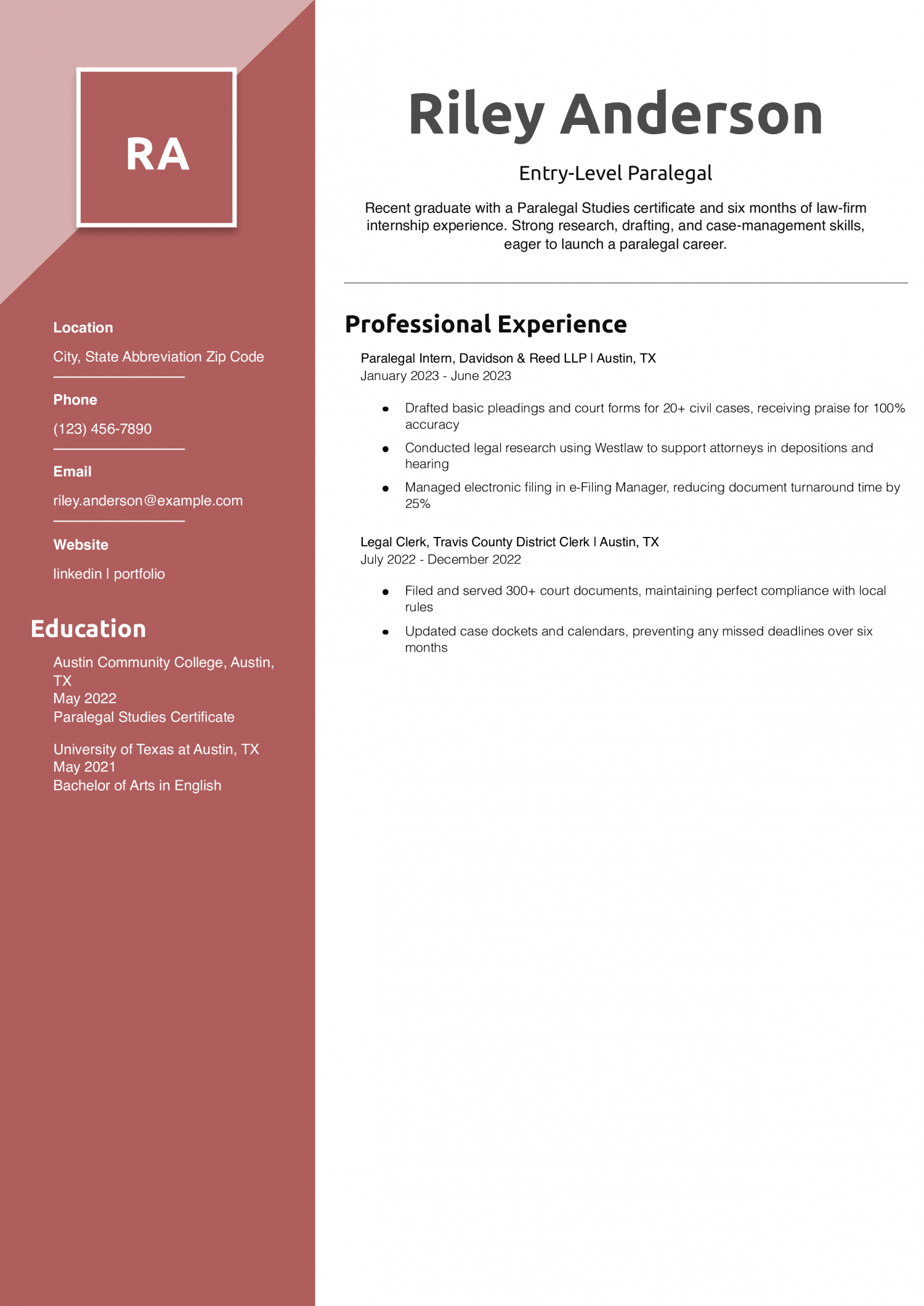 Entry-Level Paralegal Resume Example