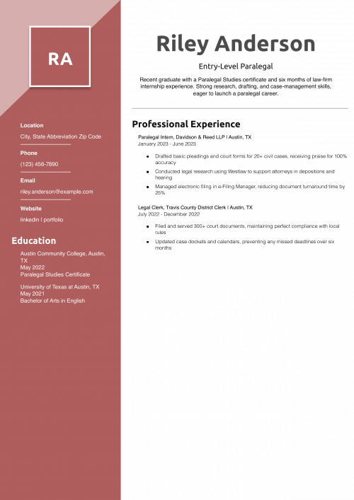 Entry-Level Paralegal Resume Example