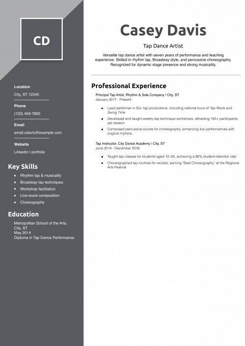 Tap Dance Artist Resume Example
