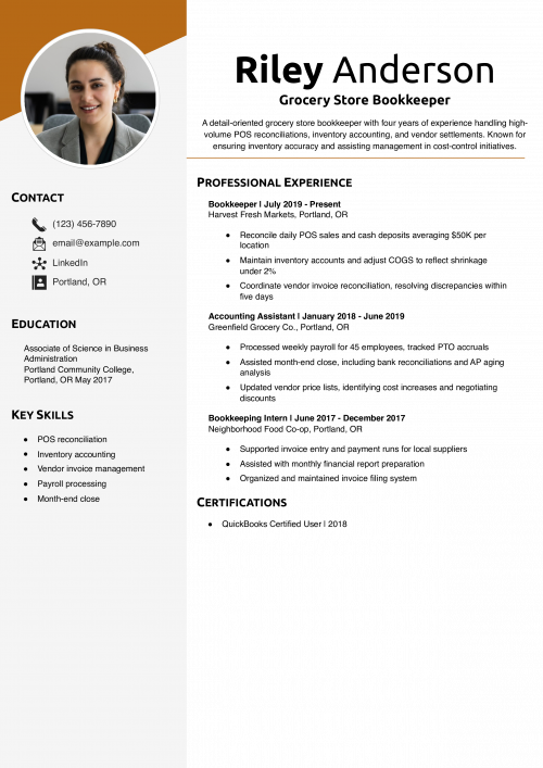 Grocery Store Bookkeeper Resume Example 