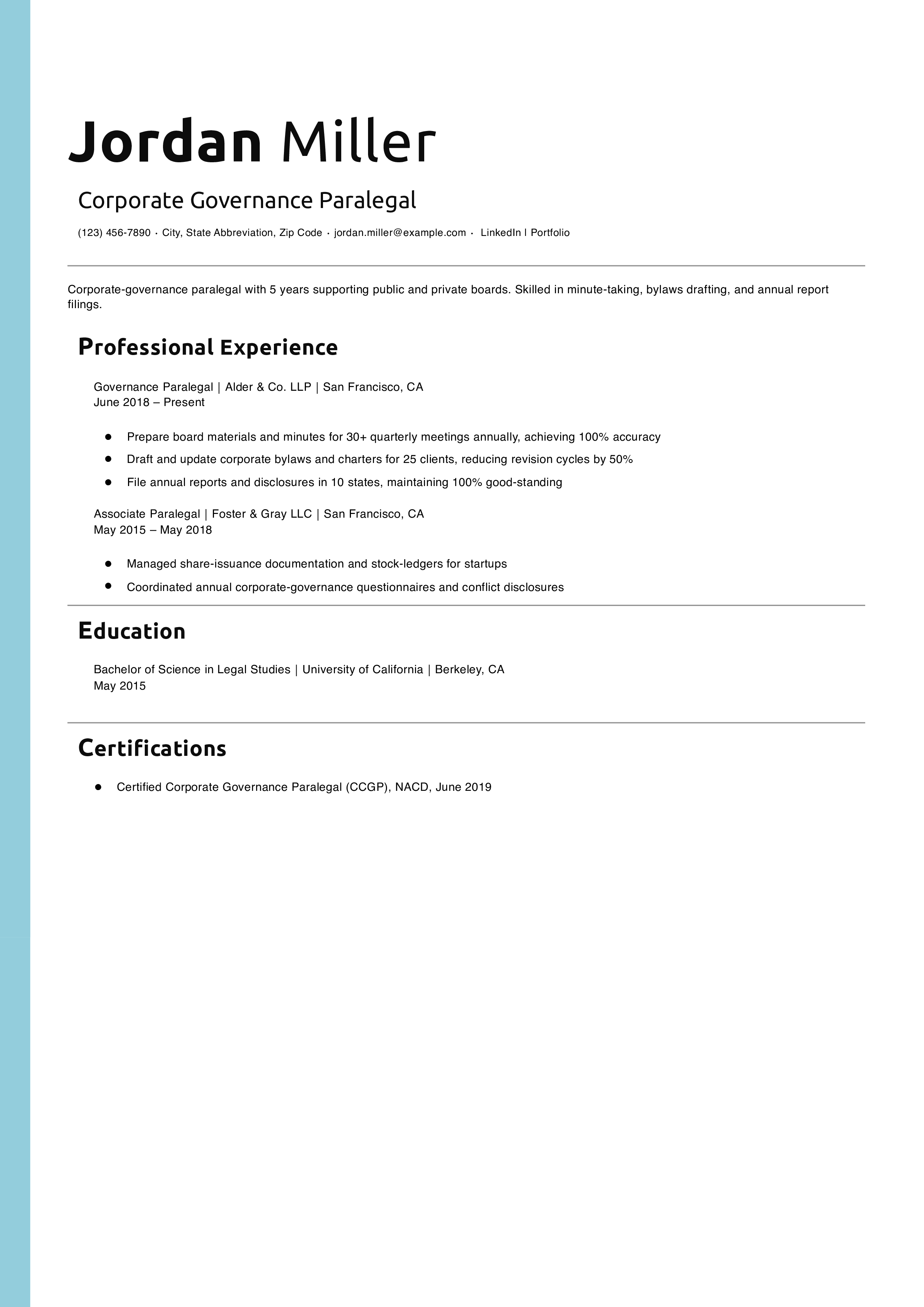 Corporate Governance Paralegal Resume Example