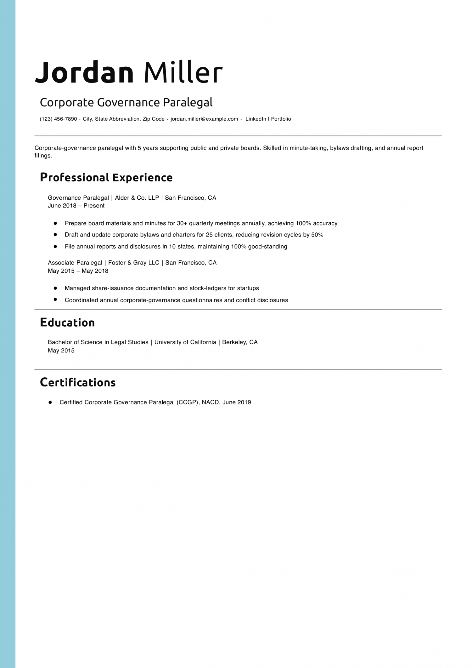 Corporate Governance Paralegal Resume Example