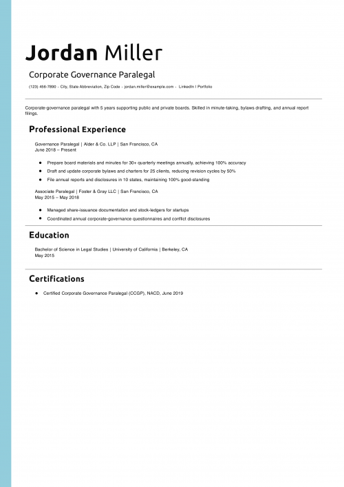 Corporate Governance Paralegal Resume Example