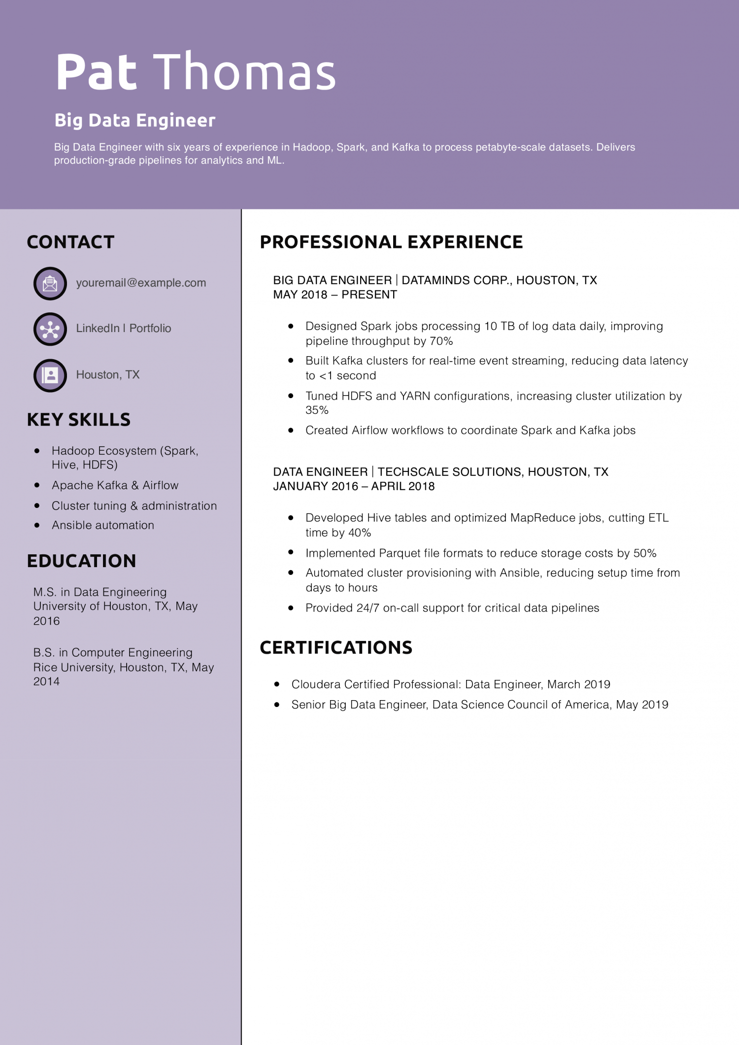 Big Data Engineer Resume Example