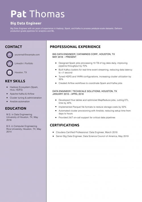 Big Data Engineer Resume Example