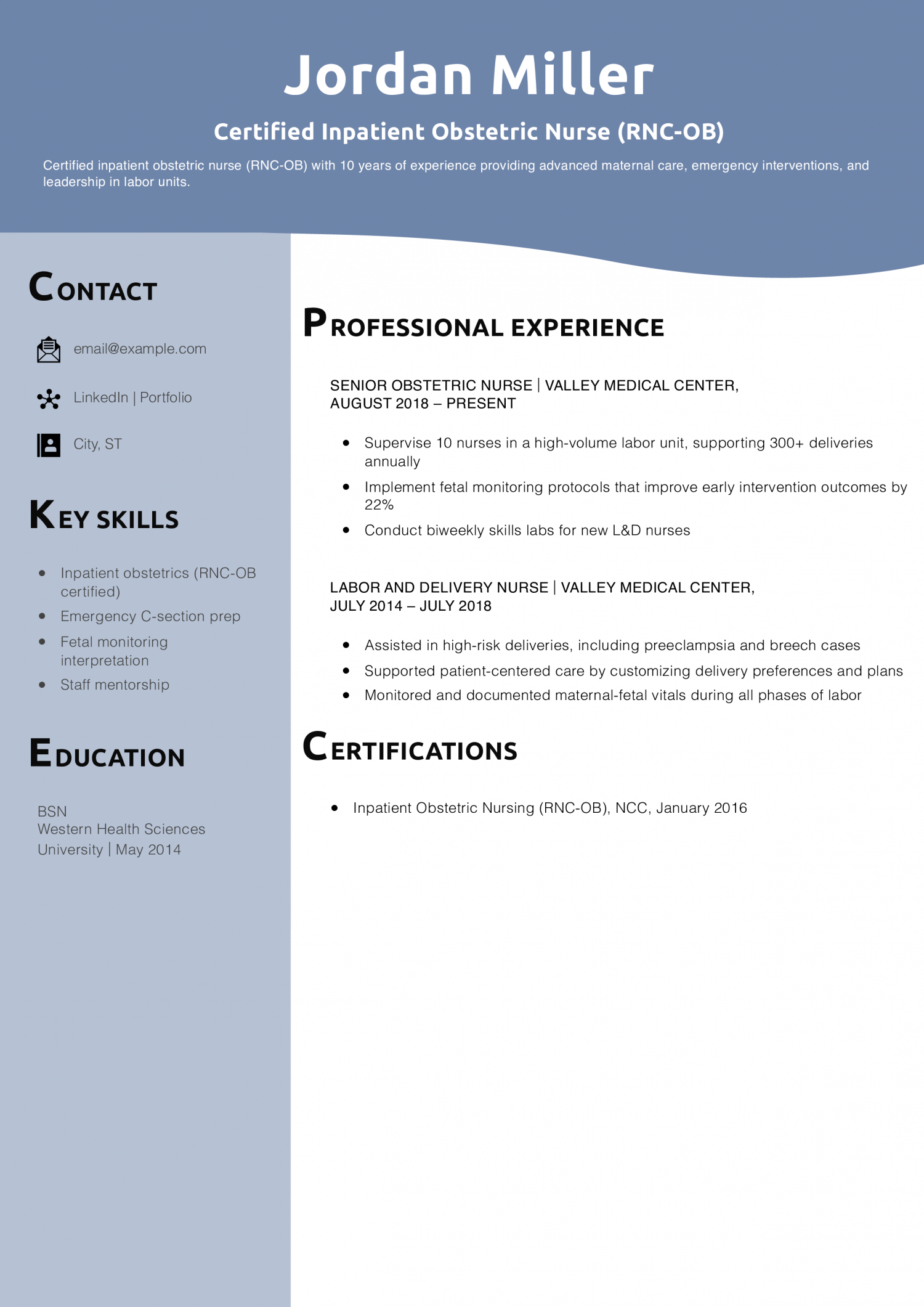 Certified Inpatient Obstetric Nurse (RNC-OB) Resume Example