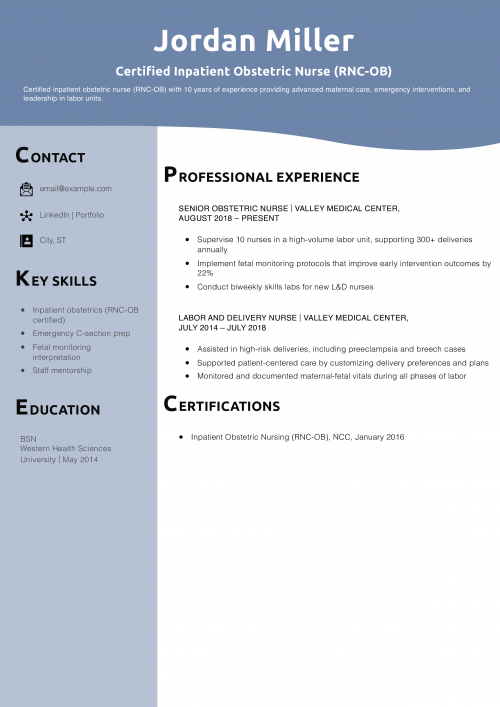 Certified Inpatient Obstetric Nurse (RNC-OB) Resume Example