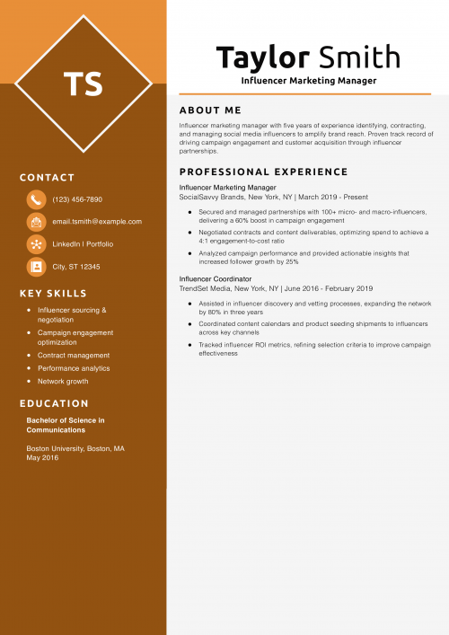 Influencer Marketing Manager Resume Example