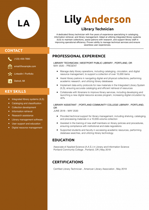 Library Technician Resume Example  