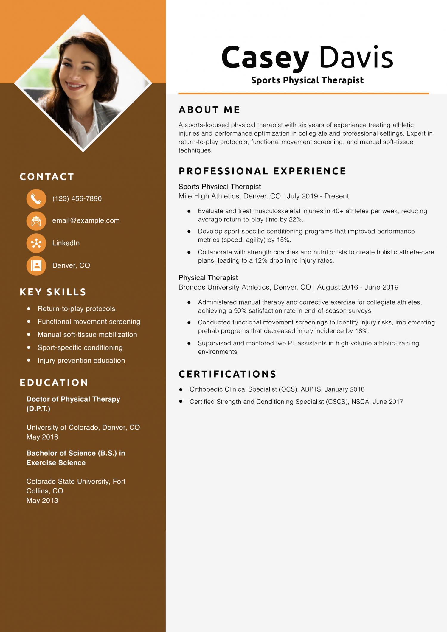 Sports Physical Therapist Resume Example
