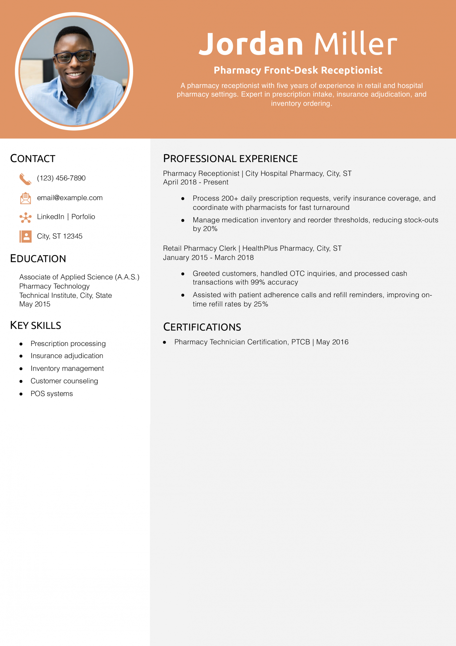 Pharmacy Front-Desk Receptionist Resume Example
