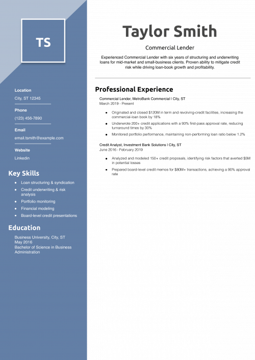 Commercial Lender Resume Example