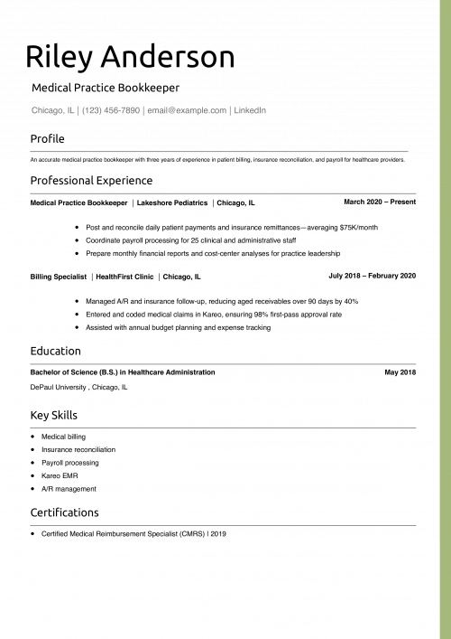 Medical Practice Bookkeeper Resume Example