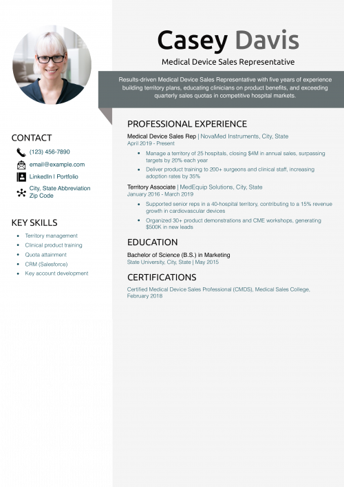 Medical Device Sales Representative Resume Example
