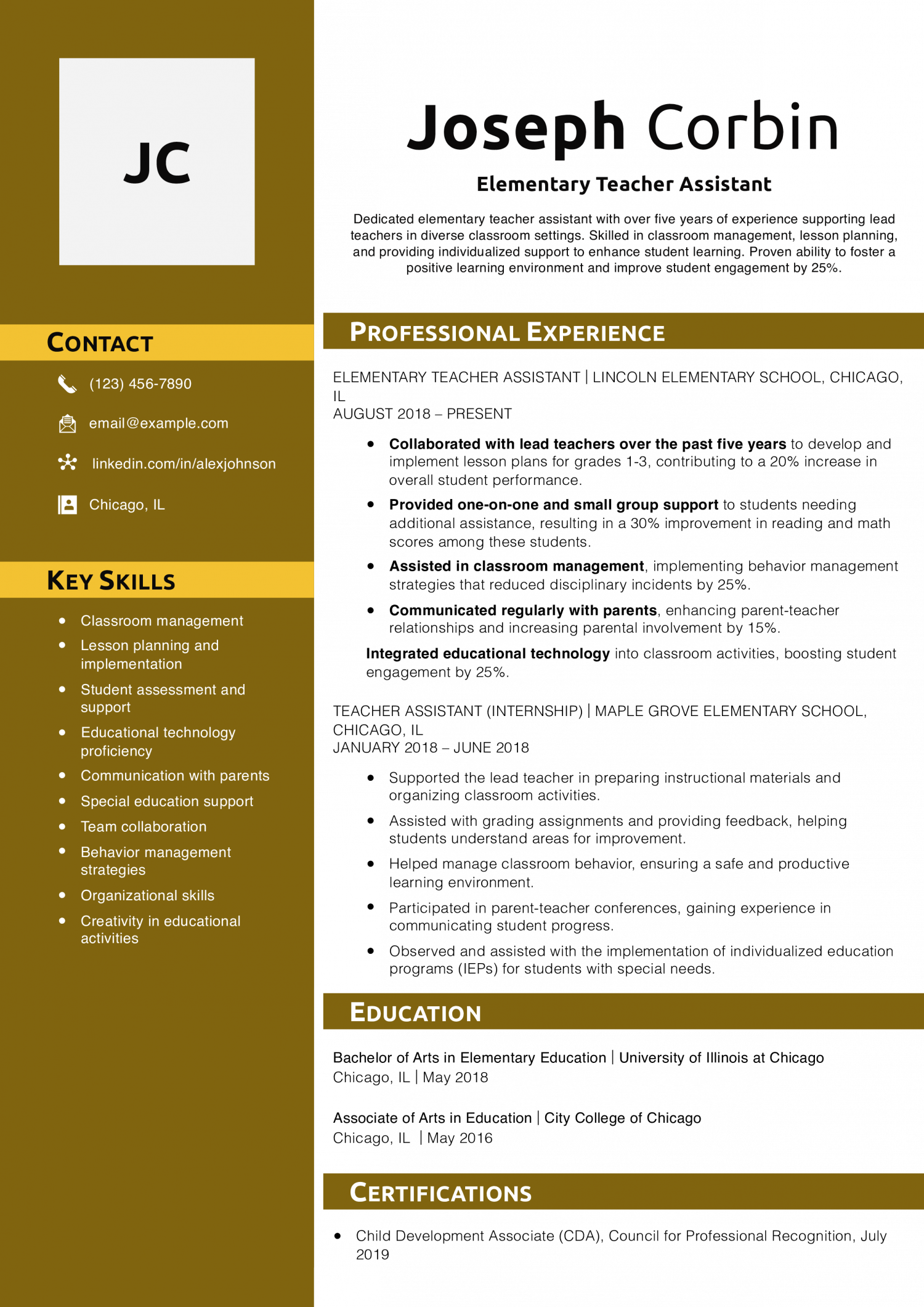 Elementary Teacher Assistant Resume Example