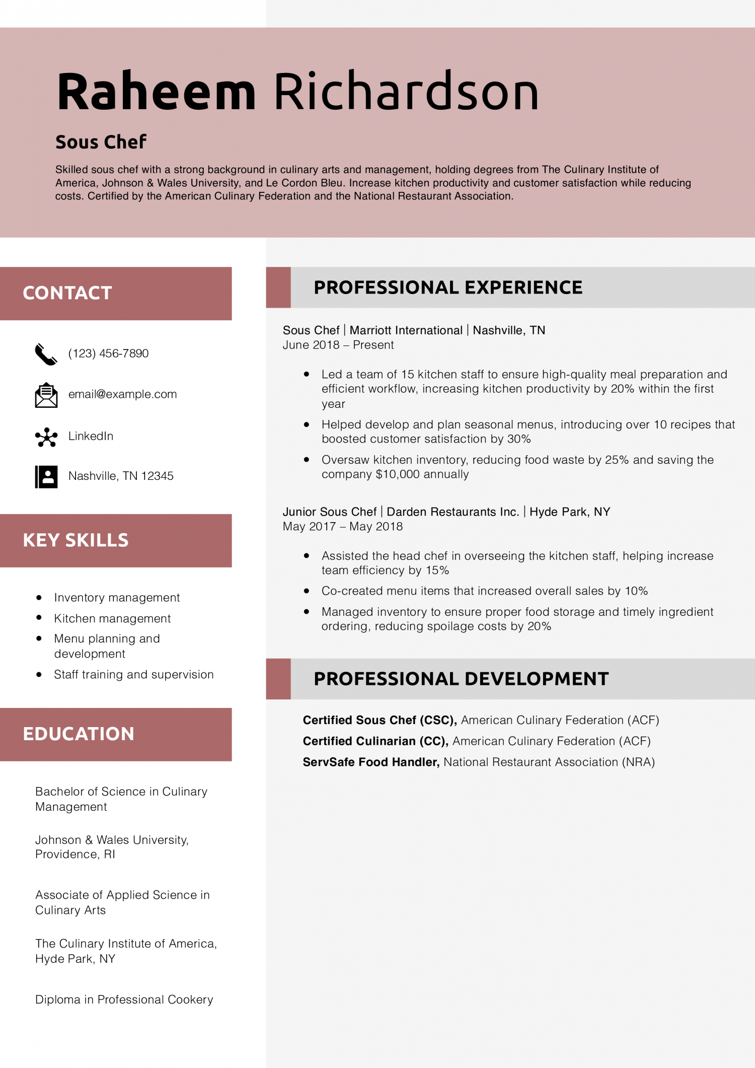 Sous Chef Resume Example