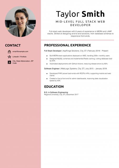 Mid-Level Full Stack Web Developer Resume Example