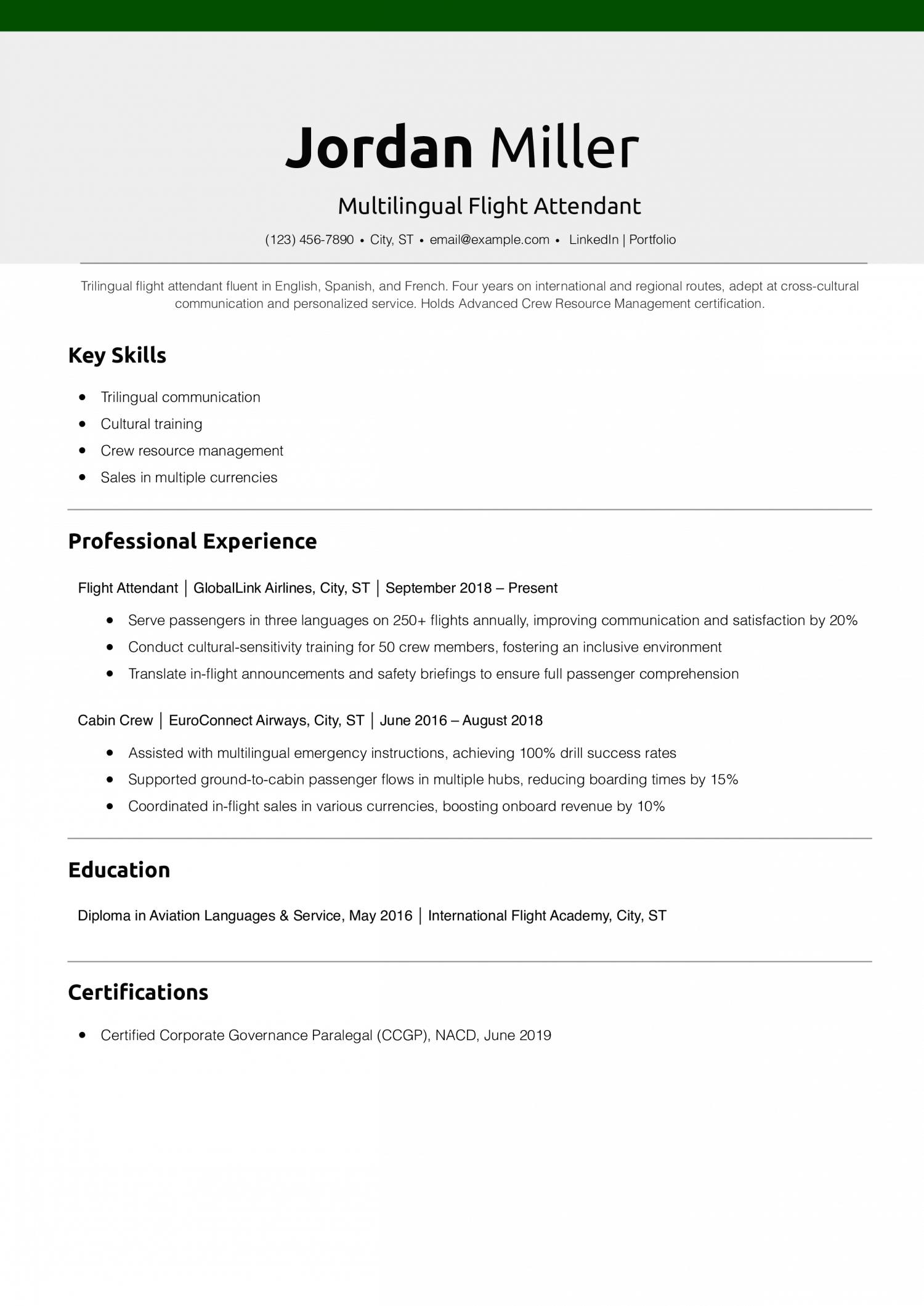 Multilingual Flight Attendant Resume Example