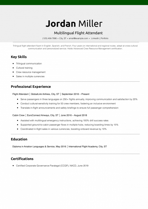 Multilingual Flight Attendant Resume Example
